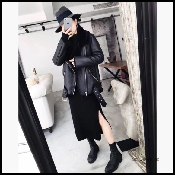 Faux Suede Faux Shearling Moto Jacket Winter Parka Coat - Picture 3 of 7